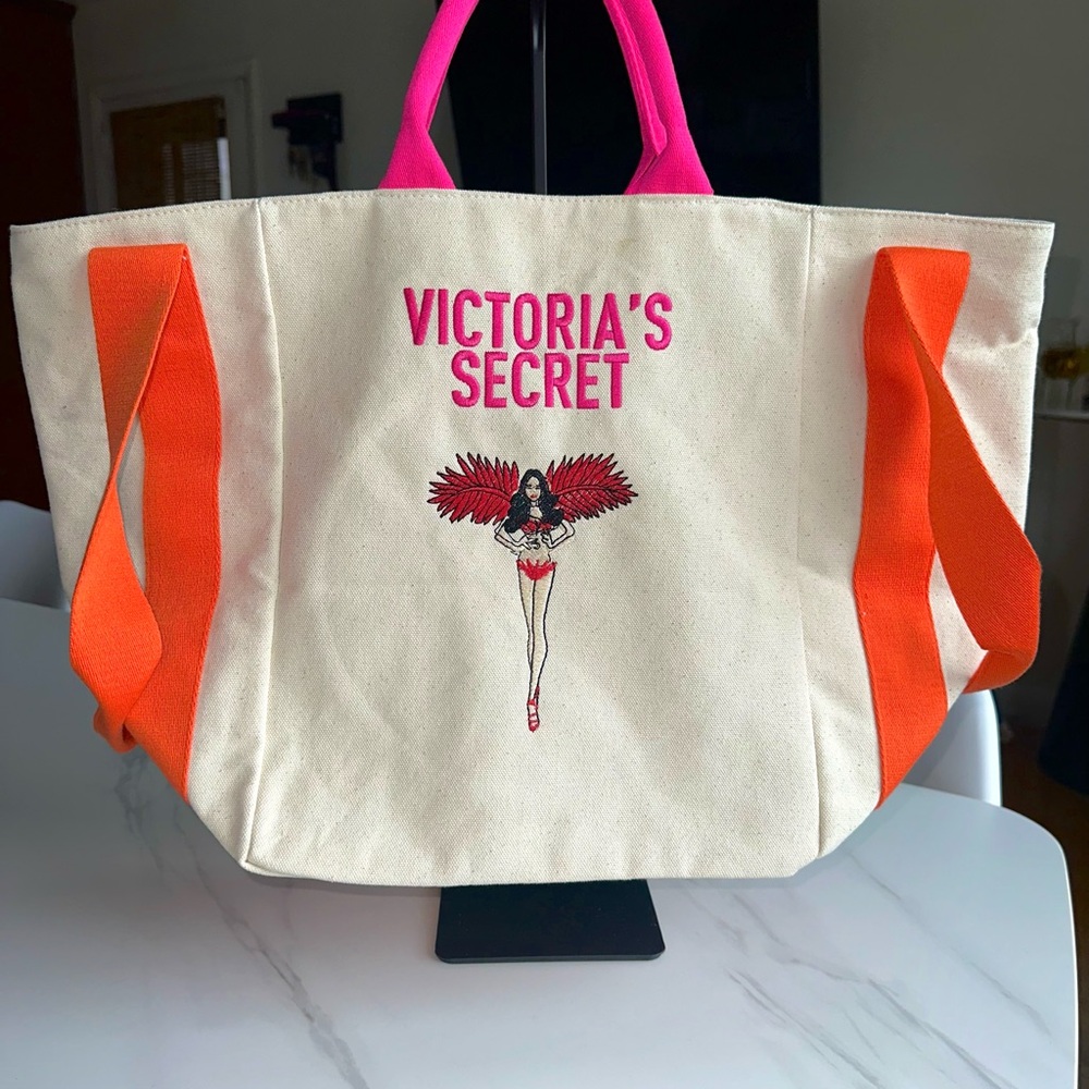 Adriana Lima Victoria's Secret Pink & Orange Canvas Tote Bag